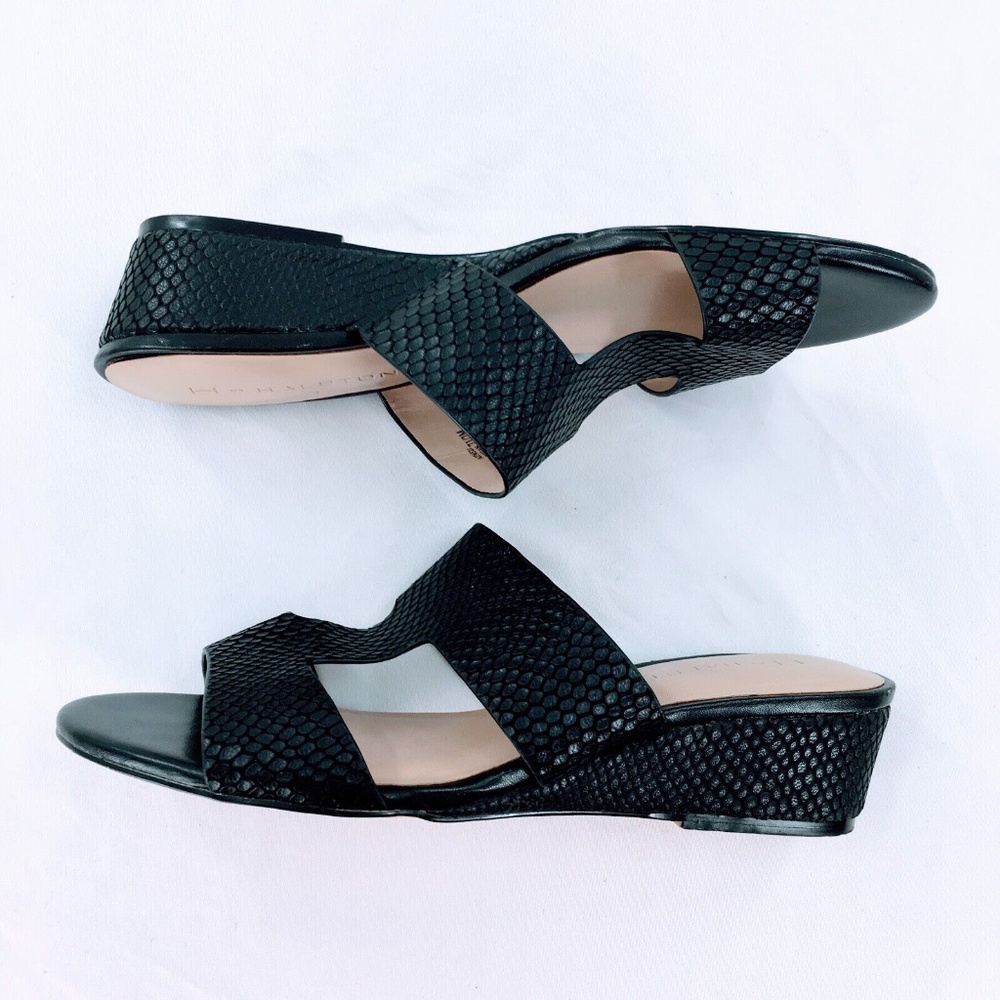 H by Halston Leather Wedge Sandal Black Snake Embossed Slide On Cut Out Sz 7.5 - Picture 6 of 12